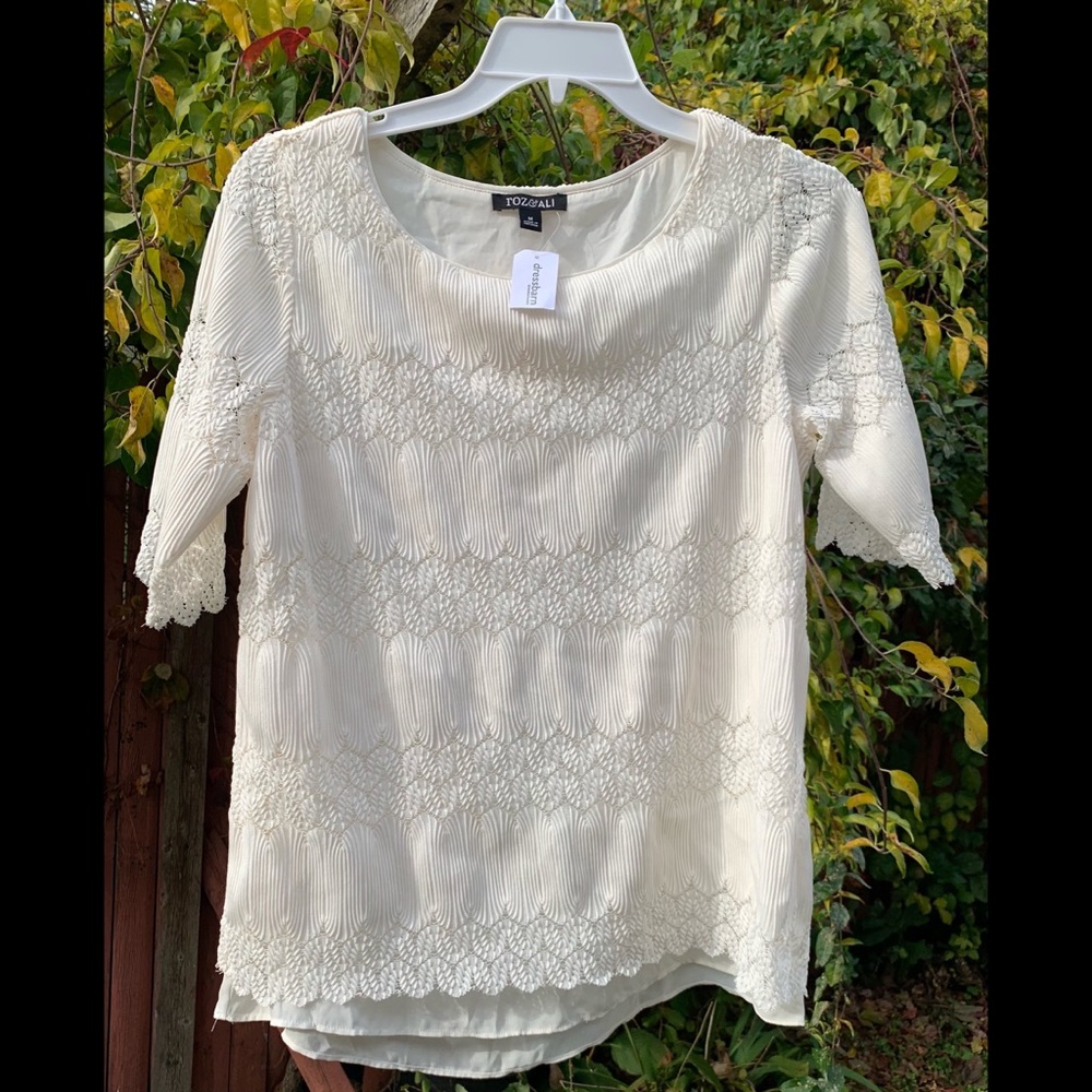 Y2K Roz & Ali White Lace Layered Blouse Romantic Boho Top Women’s Medium NWT